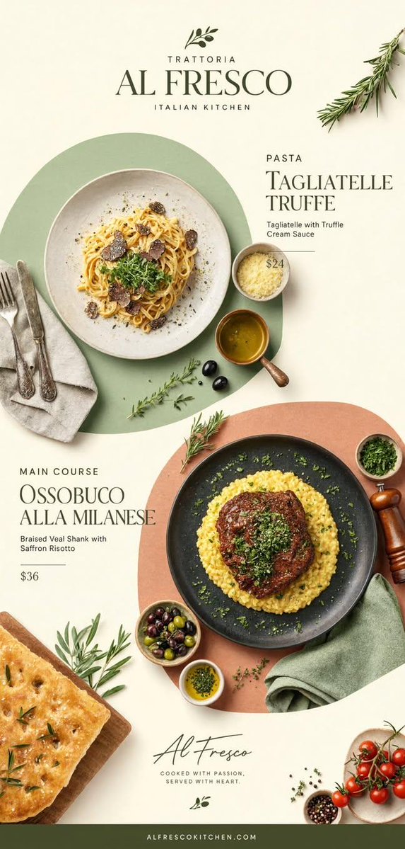 Póster publicitario minimalista de comida italiana generado con GPT Image 2: tagliatelle con trufa y ossobuco en bloques geométricos pastel