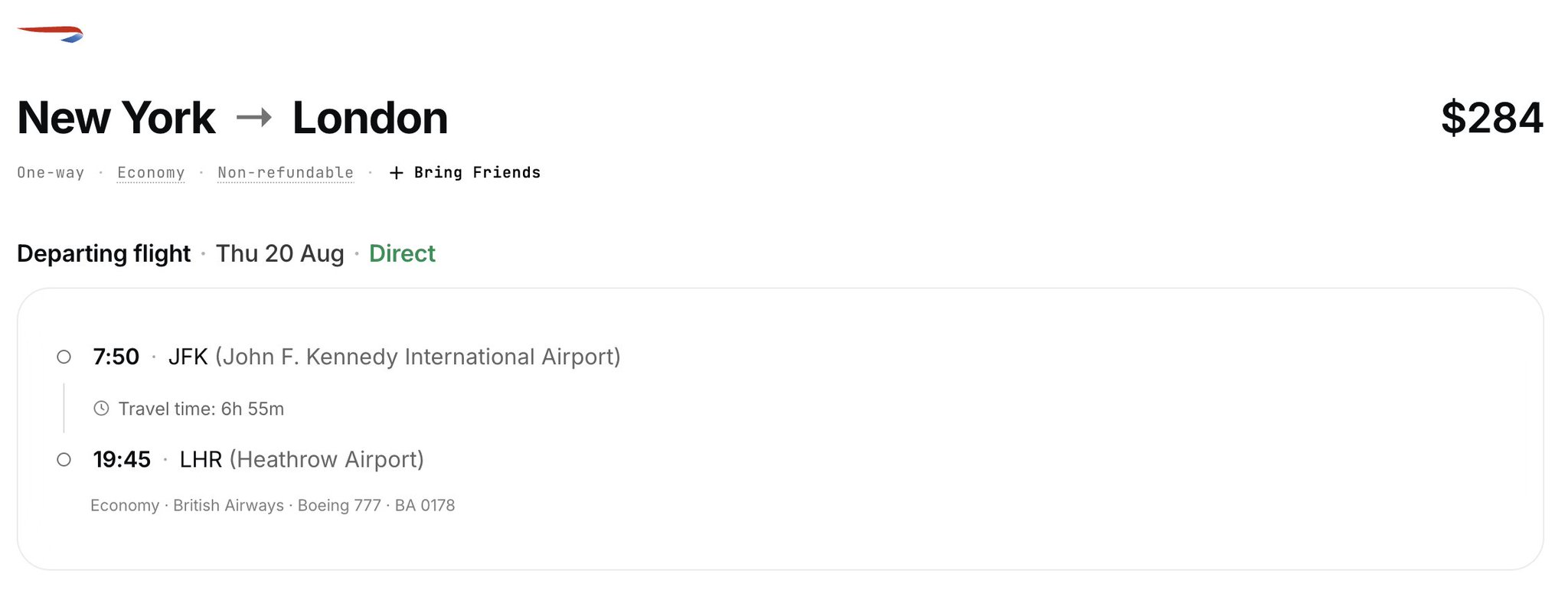 Resultado de vuelo Nueva York–Londres por 284 dólares en Soar, con botón Bring Friends
