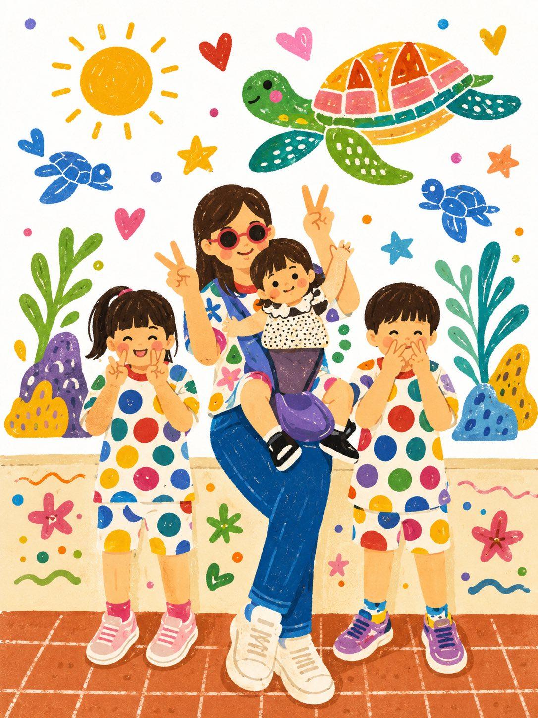 Ilustración familiar GPT Image 2: madre e hijos en estilo cuento kawaii con tema oceánico