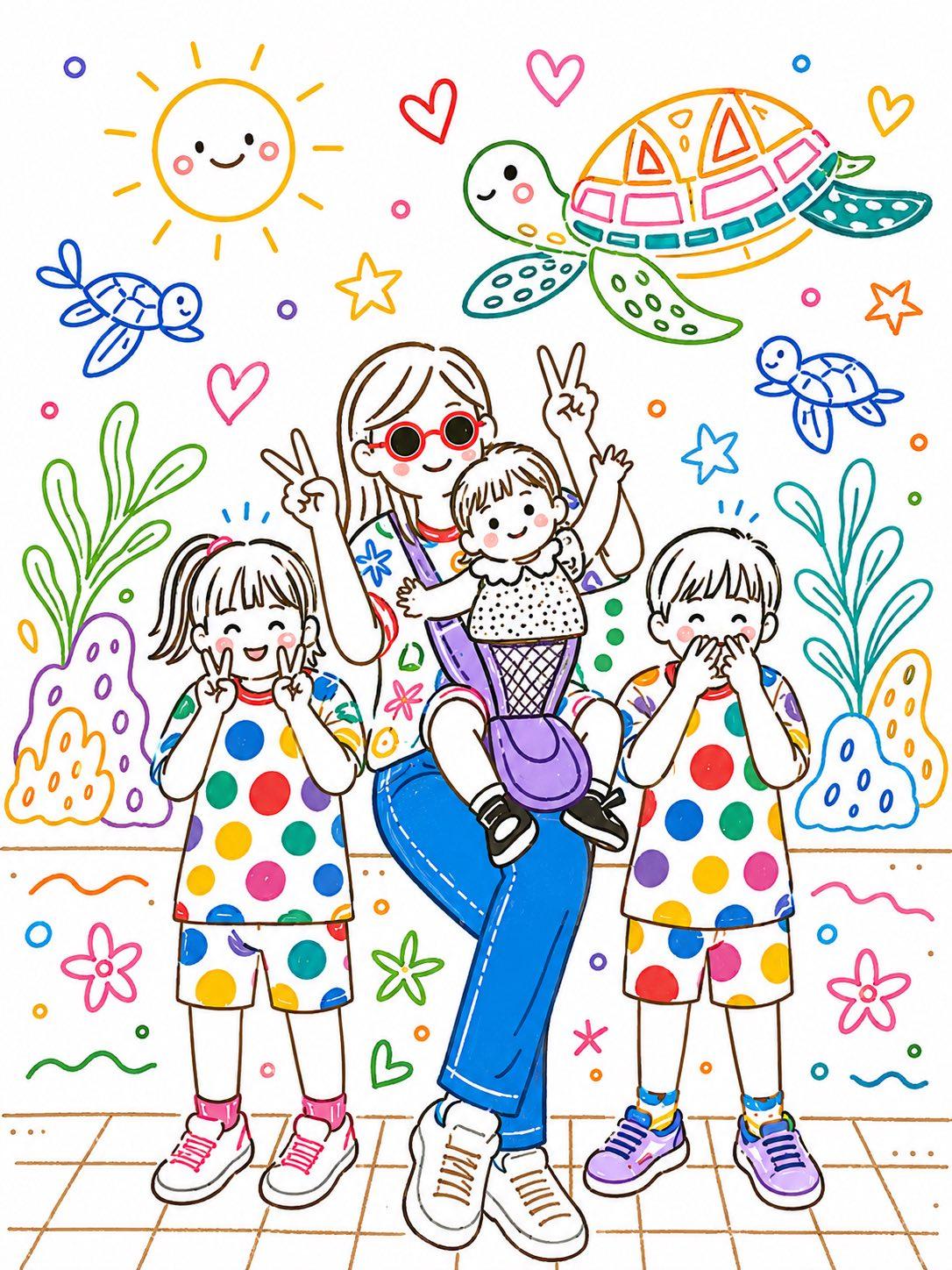 Segundo ejemplo del hilo: otra familia convertida en ilustración kawaii de cuento infantil