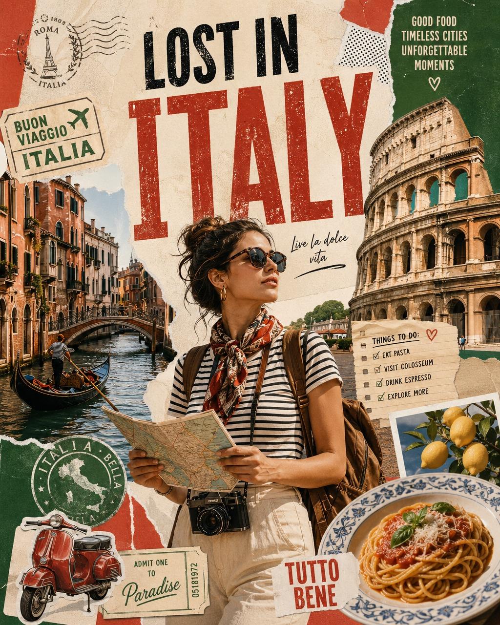 Segunda variante del hilo: póster collage vintage LOST IN con scrapbook y landmarks