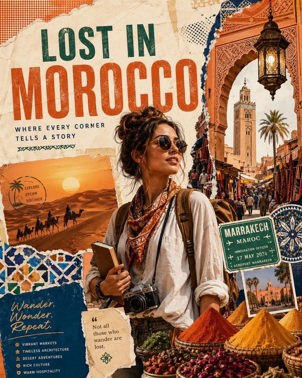 Póster collage vintage LOST IN de @Taaruk_: viajero central rodeado de landmarks, mapas y tipografía distressed