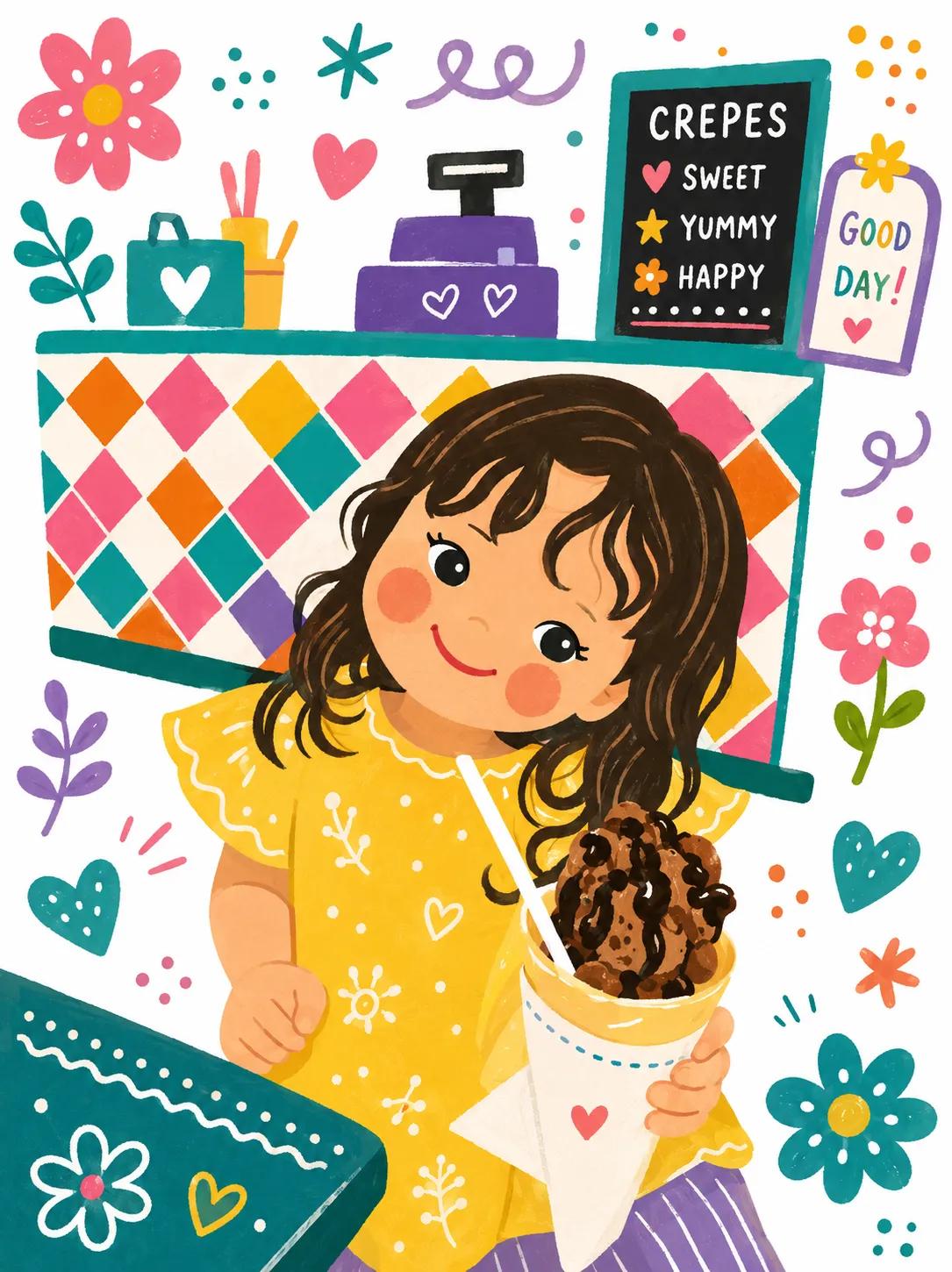 Ilustración infantil kawaii GPT Image 2: niña con crêpe ante puesto cartoon colorido