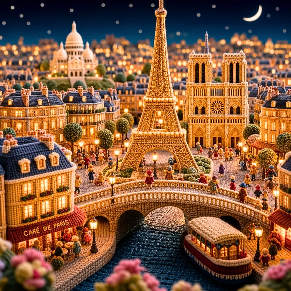 París miniatura generada con GPT Image 2 en estilo knitted yarn: Torre Eiffel y edificios tejidos en lana con interiores cálidos