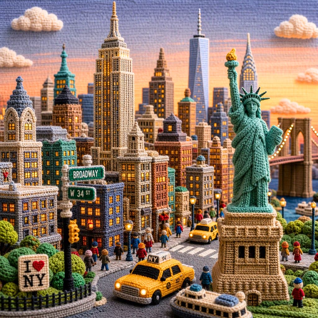 Nueva York miniatura en estilo knitted yarn: skyline y calles tejidas en lana
