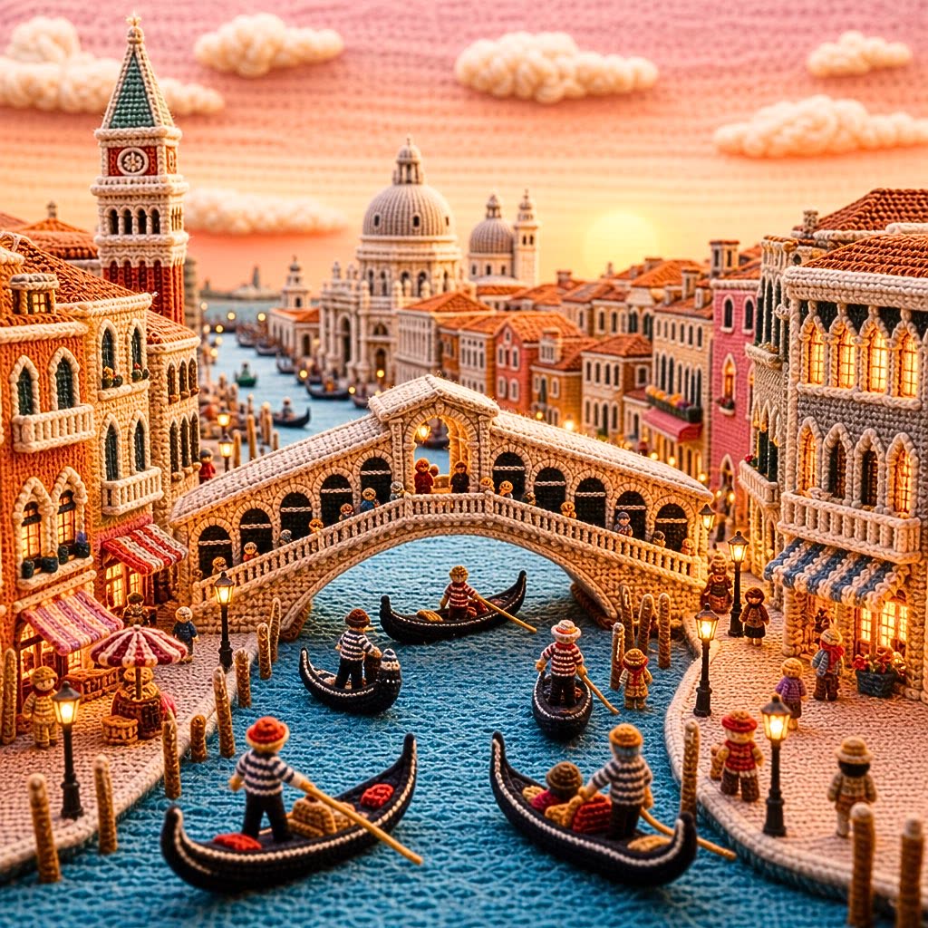 Venecia miniatura en estilo knitted yarn: canales y arquitectura tejida en lana