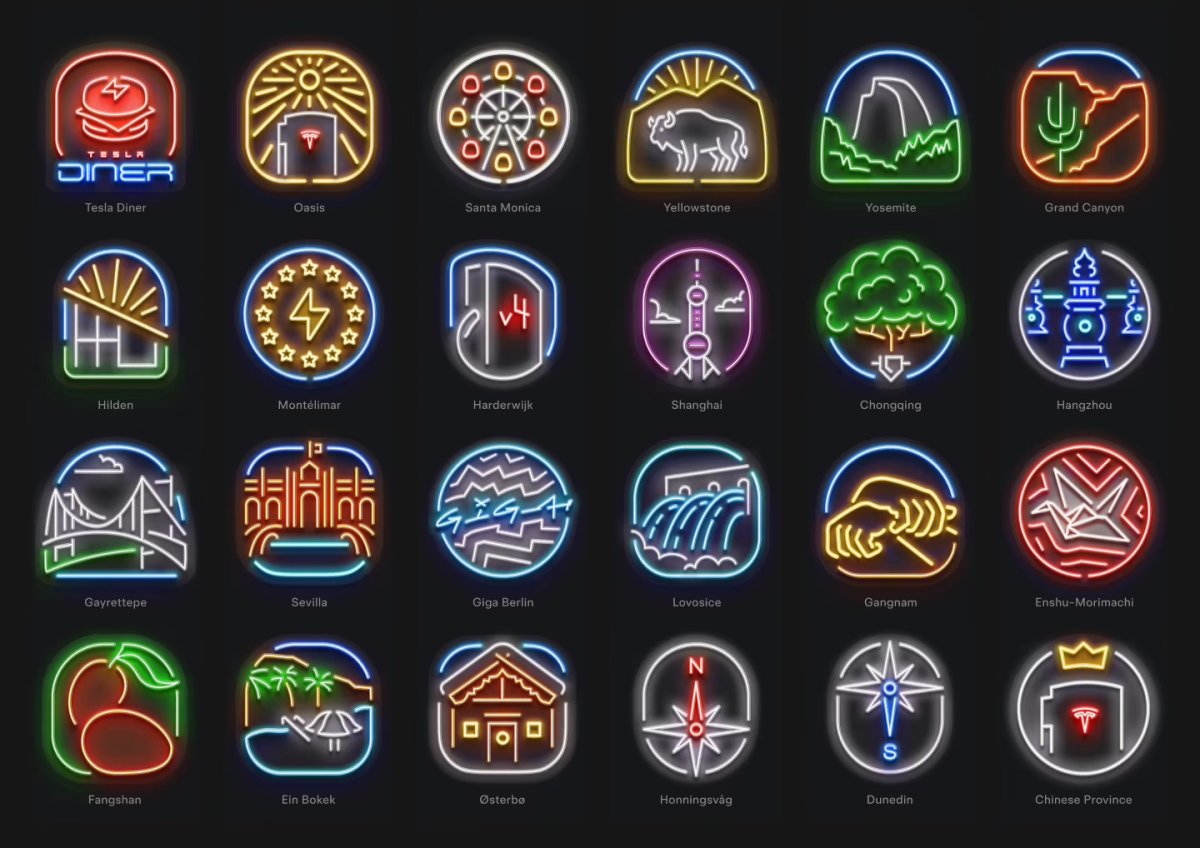 Colección de Charging Badges de Tesla en la app: Explorer, Mega Charger, Green Driver, First Supercharge y otras insignias de hitos de carga