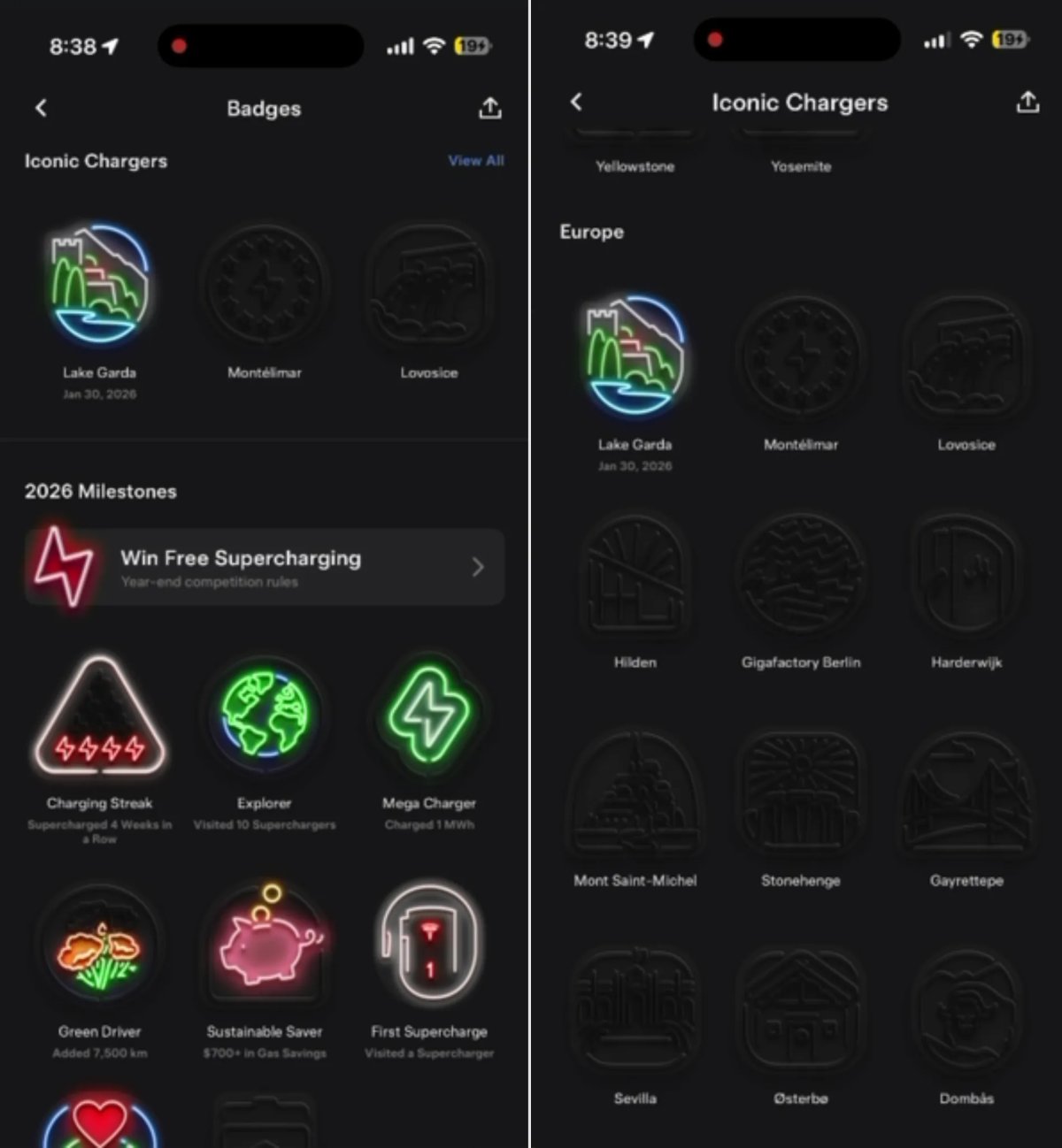 Badges Iconic Chargers en la app Tesla: insignias por cargar en Superchargers junto a Yosemite, Grand Canyon y otros hitos