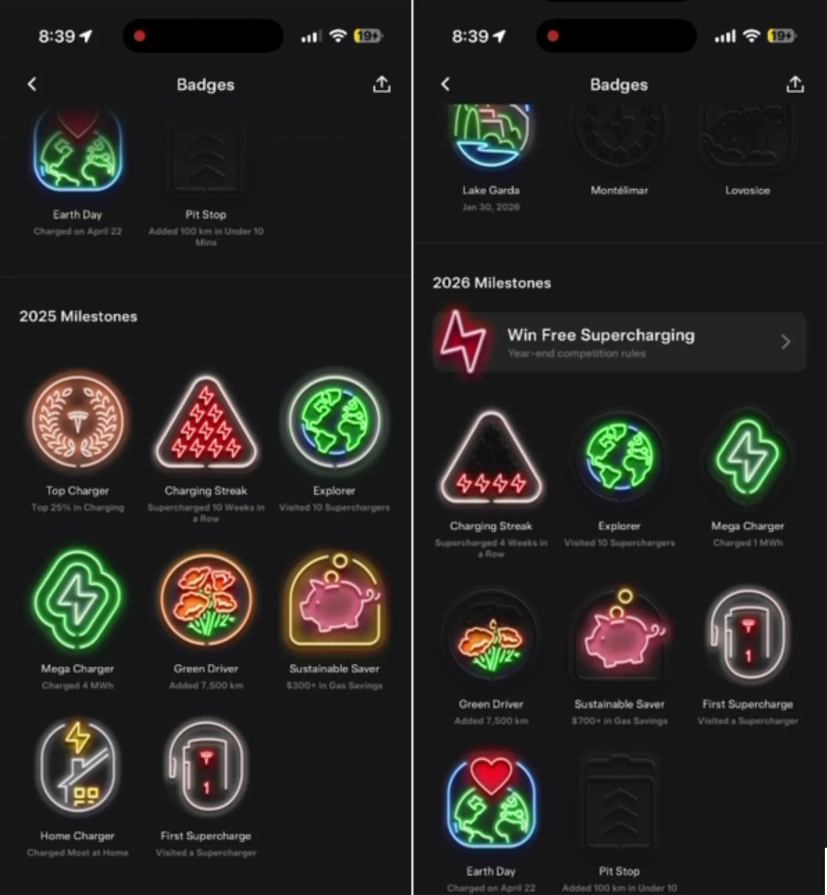 Badges Milestones 2026 en la app Tesla: Charging Streak, Explorer y otros hitos de Supercarga del año