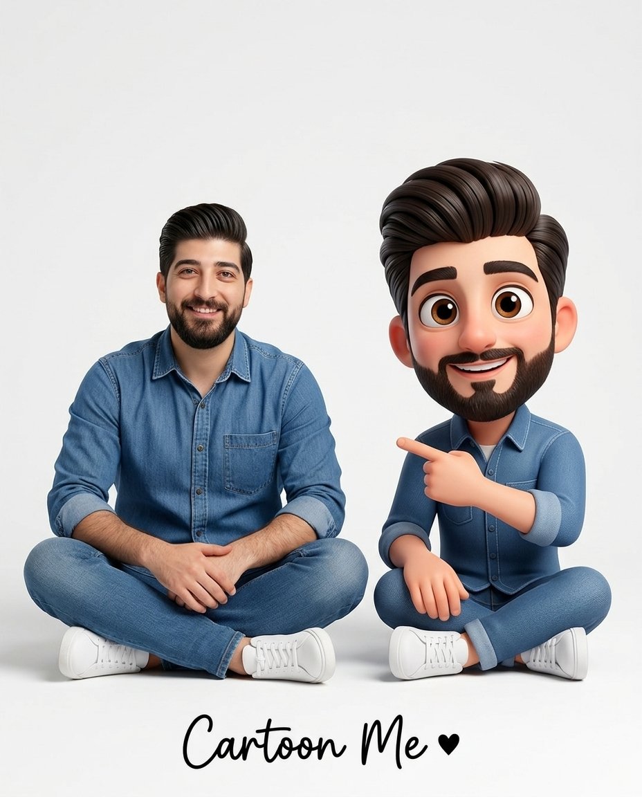 Imagen Cartoon Me generada con IA: persona realista sentada junto a versión caricatura 3D estilo Pixar sobre fondo blanco