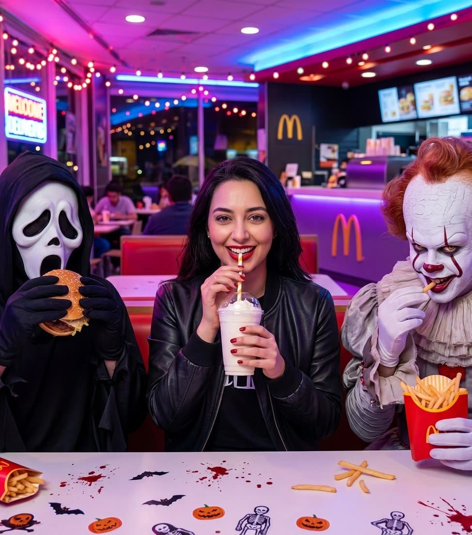 Retrato fast food de @Tou7ami con Ghostface y Pennywise en restaurante estilo McDonald's