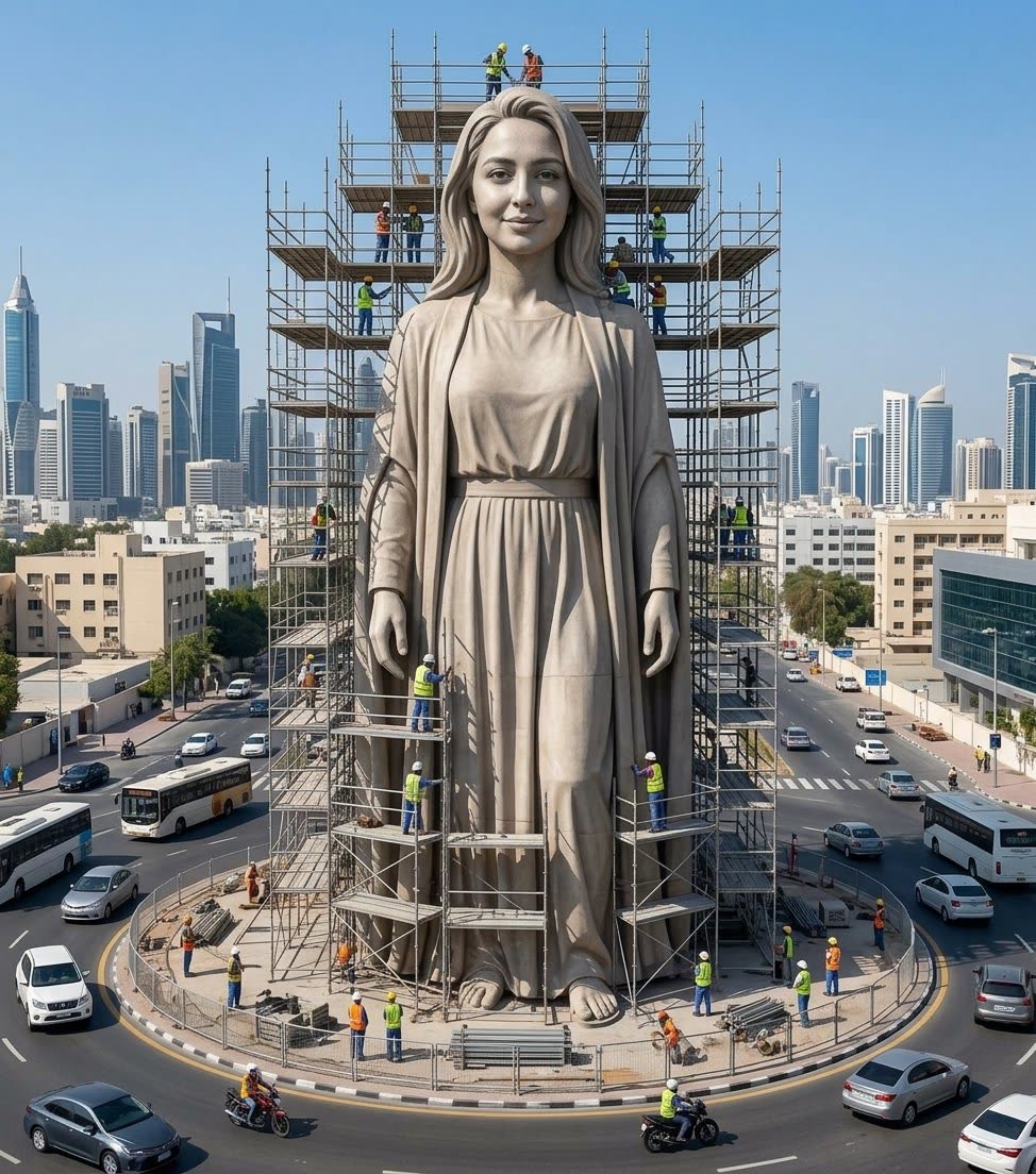 Estatua gigante en construcción en rotonda urbana de @Tou7ami