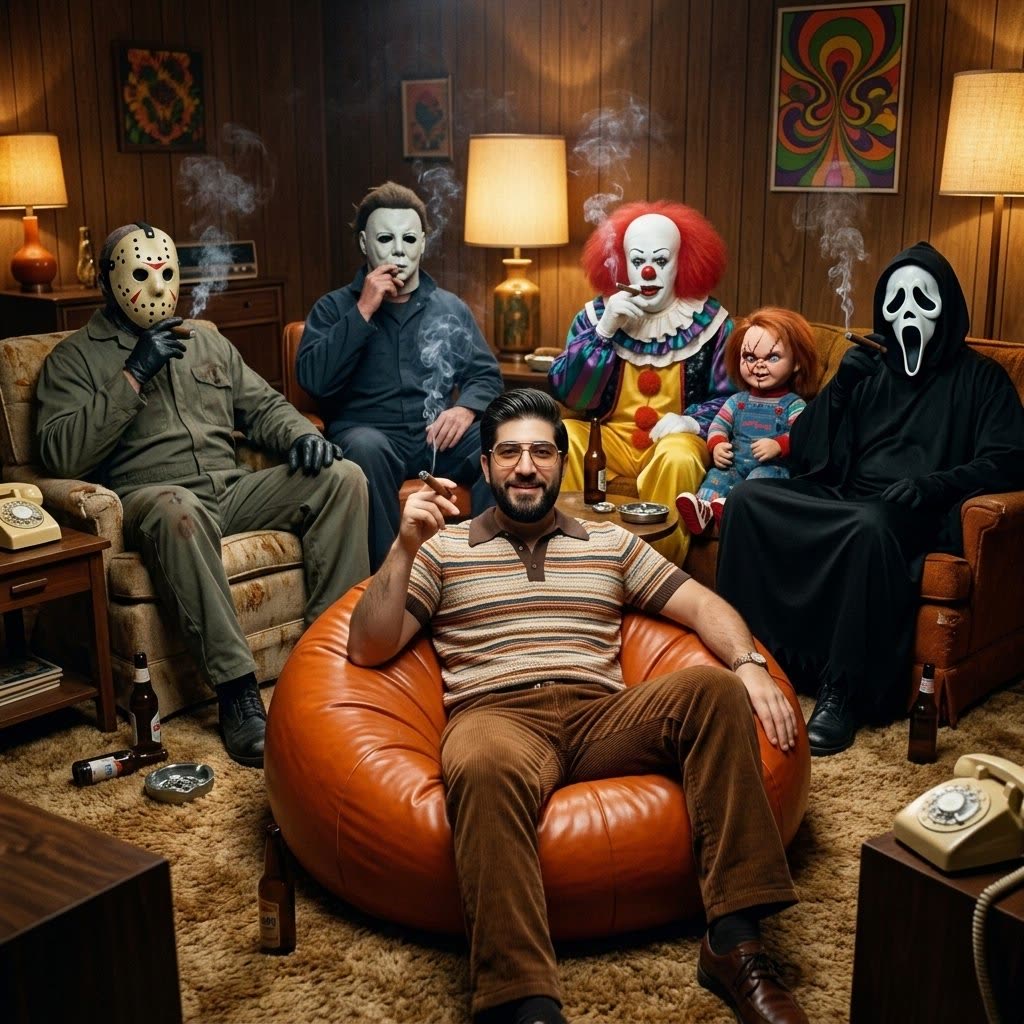 Retrato generado con IA de @Tou7ami: persona en salón vintage años 70 sobre puf, rodeada de Jason, Michael Myers, Chucky, Pennywise y Ghostface fumando puros