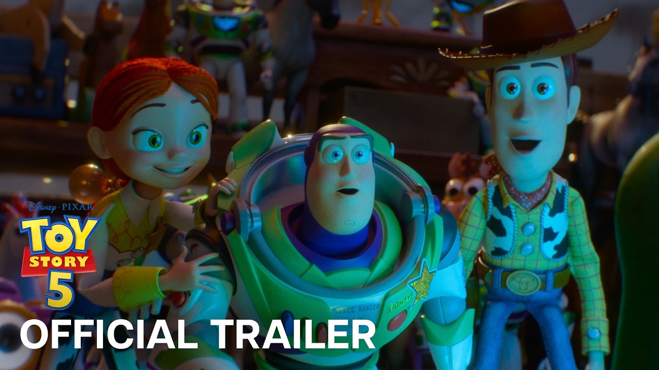 Póster de Toy Story 5: Buzz, Woody, Jessie y el resto de juguetes miran sorprendidos a Lilypad, la tableta antagonista