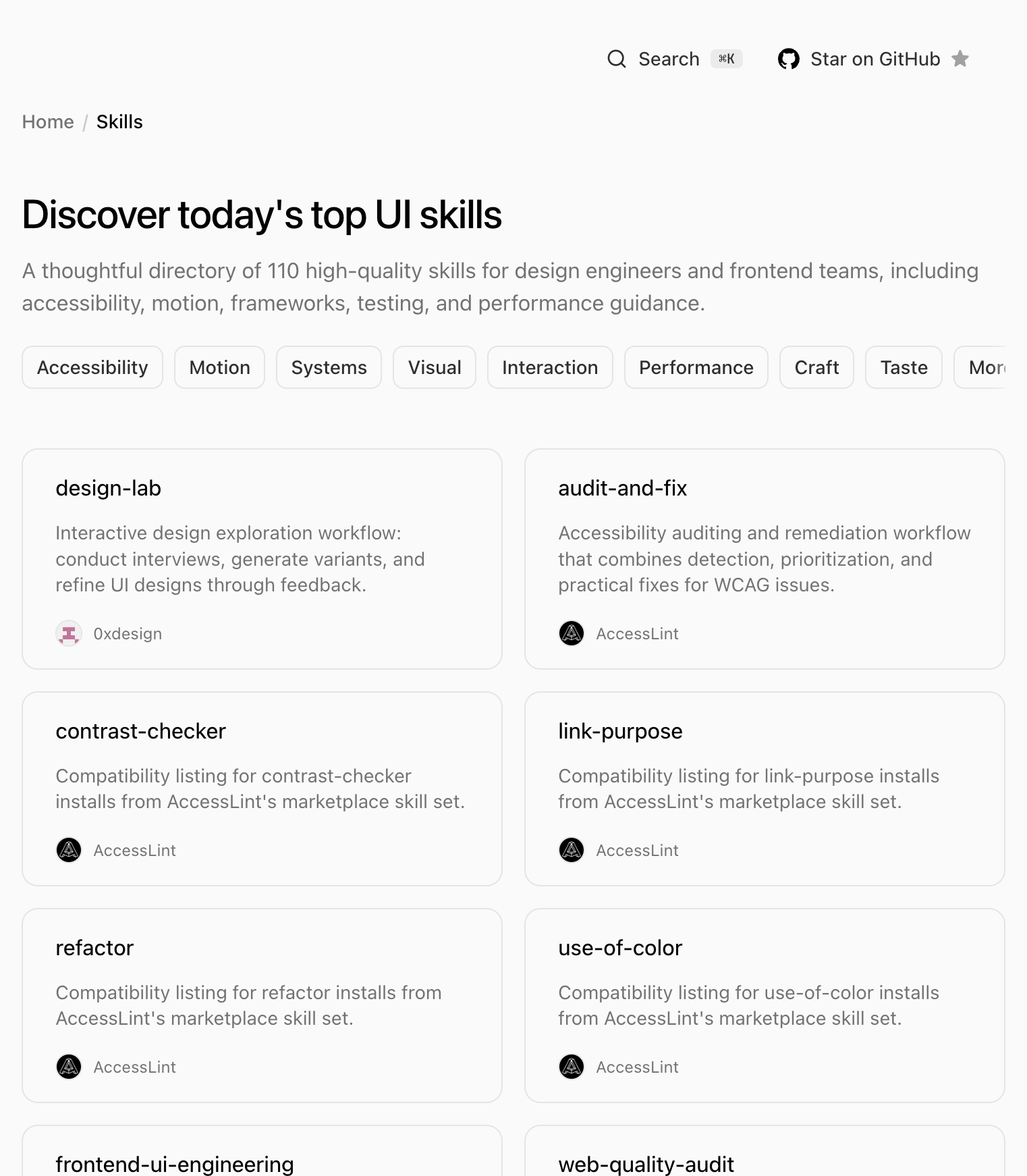 UI Skills Directory with filters by Accessibility, Motion, Systems and skills cards