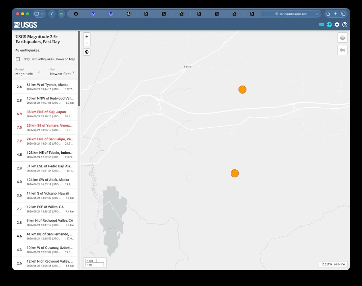 Mapa del USGS con los epicentros del terremoto de magnitud 7,5 y 7,2 cerca de la costa de Venezuela el 24 de junio de 2026, entre Yumare y San Felipe