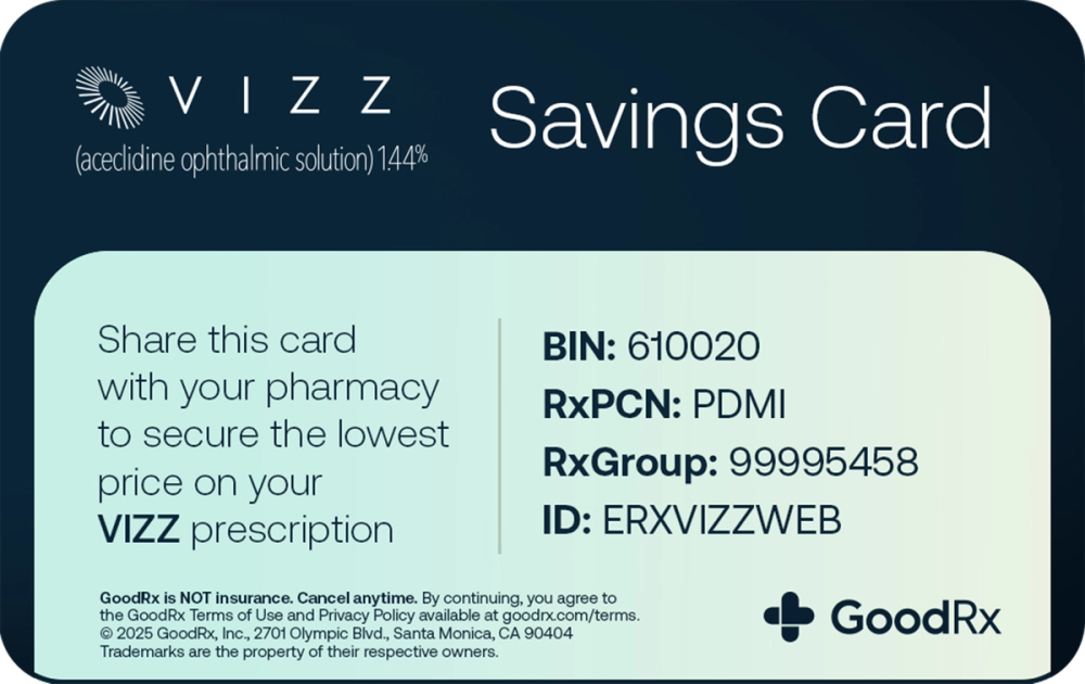 Página Access and Pricing de VIZZ: 79 dólares al mes o 198 dólares por tres meses de suministro de gotas aceclidina para presbicia