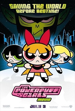 Póster de The Powerpuff Girls Movie (2002): Blossom, Bubbles y Buttercup frente al cielo de Townsville