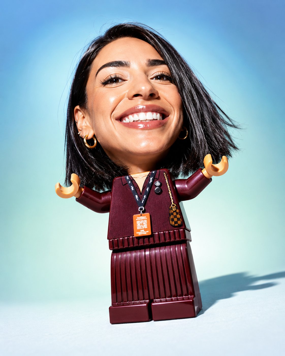 Segundo ejemplo del prompt LEGO: mujer con cabeza humana desproporcionada, cuerpo de minifigura y fondo degradado pastel