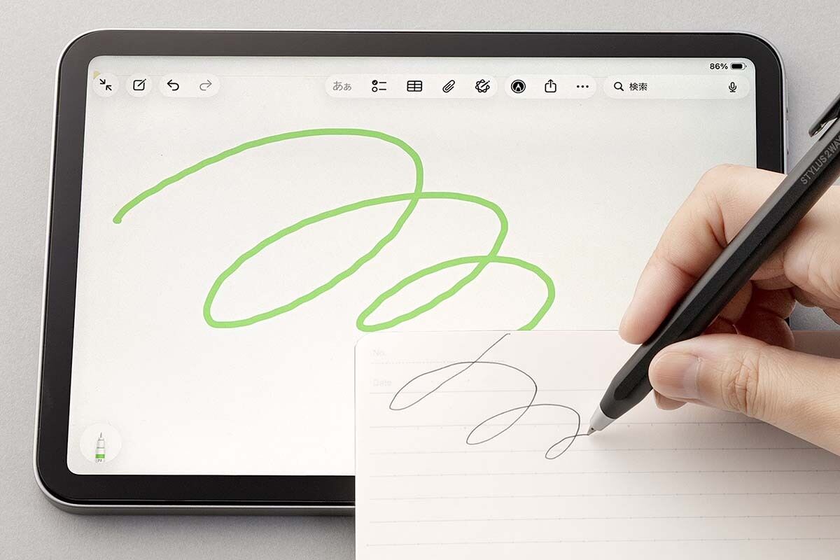 Zebra STYLUS 2WAY in use — same tip for paper and iPad