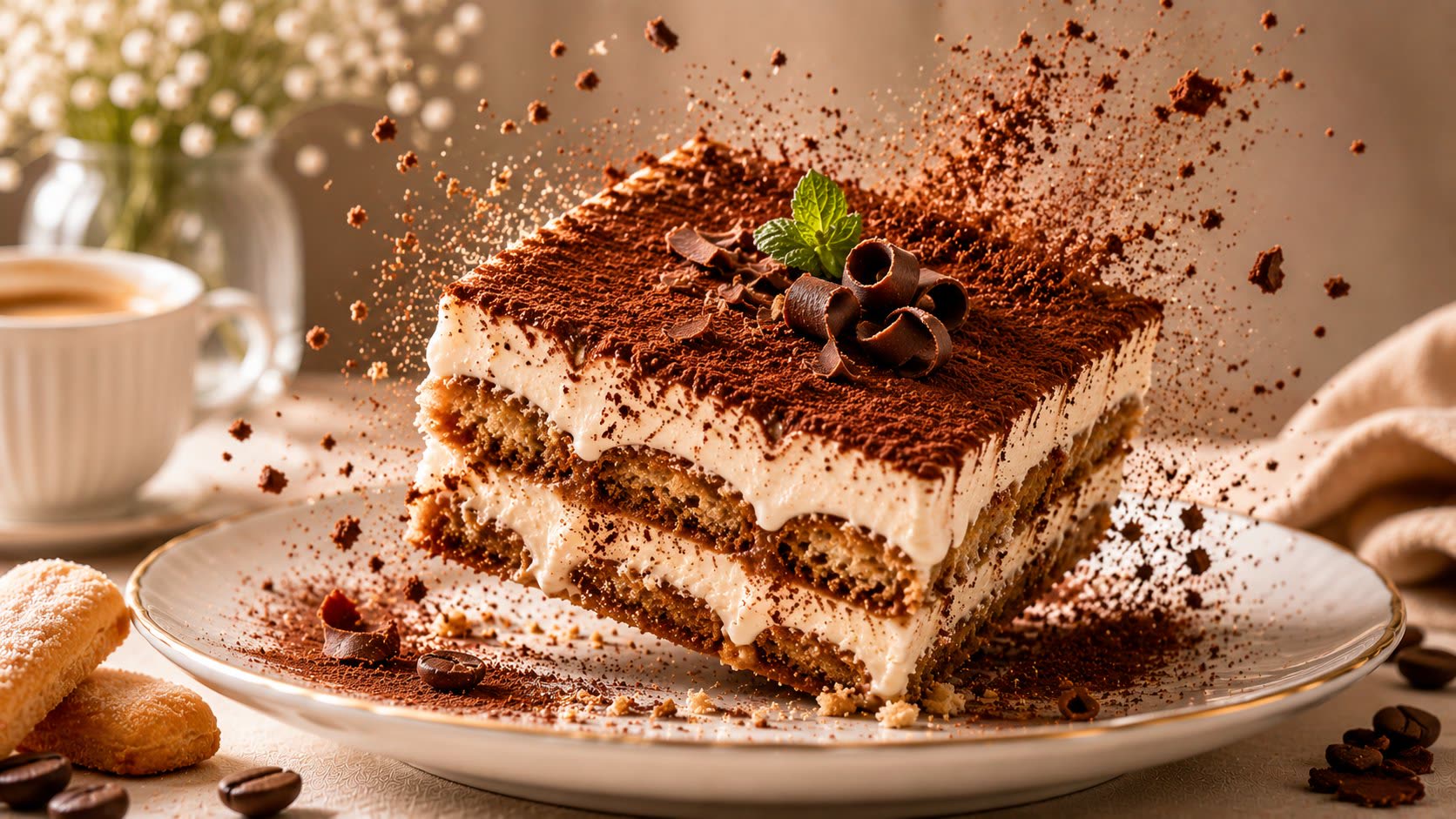 Rebanada de pastel cayendo generada con IA por @ZephyraLeigh, estilo anuncio bakery premium