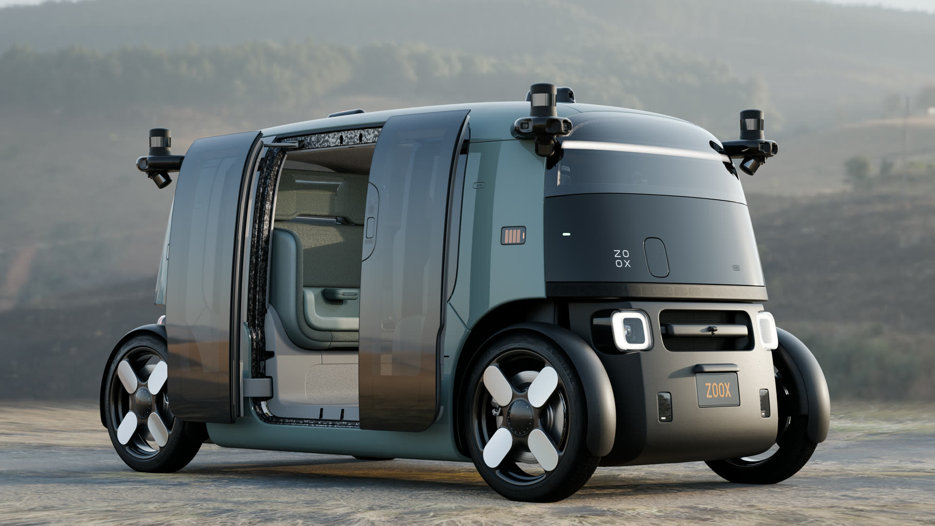 Robotaxi Zoox de nueva generación: vehículo autónomo bidireccional con carrocería compacta y reflectores de color en el exterior
