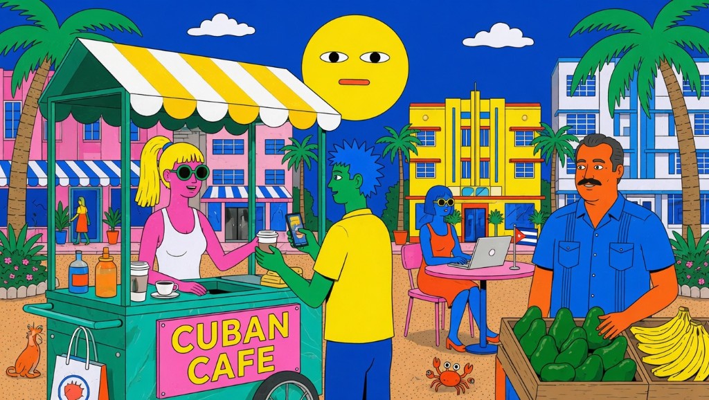 Ilustración pop art de emprendedores cubanos: cafecito, laptop, carro clásico y negocios en una calle tropical de EE. UU.