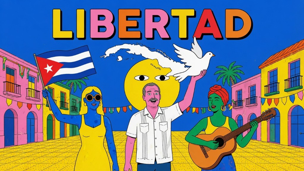 Ilustración pop art «LIBERTAD»: calle cubana con bandera, paloma en forma de Cuba, guayabera y guitarra.