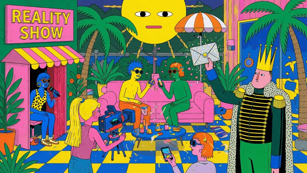 Ilustración pop de un plató de reality show con cámara, sofá rosa, presentador con sobre y cartel REALITY SHOW