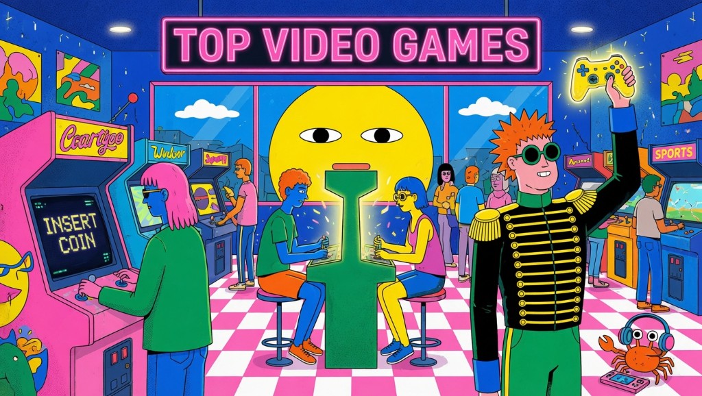 Ilustración pop art de un salón recreativo con letrero TOP VIDEO GAMES, máquinas arcade y jugadores.
