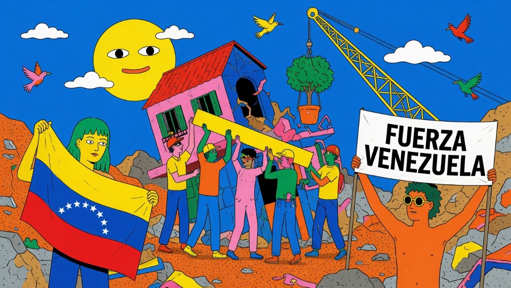 Ilustración de solidaridad con Venezuela: personas reconstruyendo junto a la bandera venezolana y el lema Fuerza Venezuela.