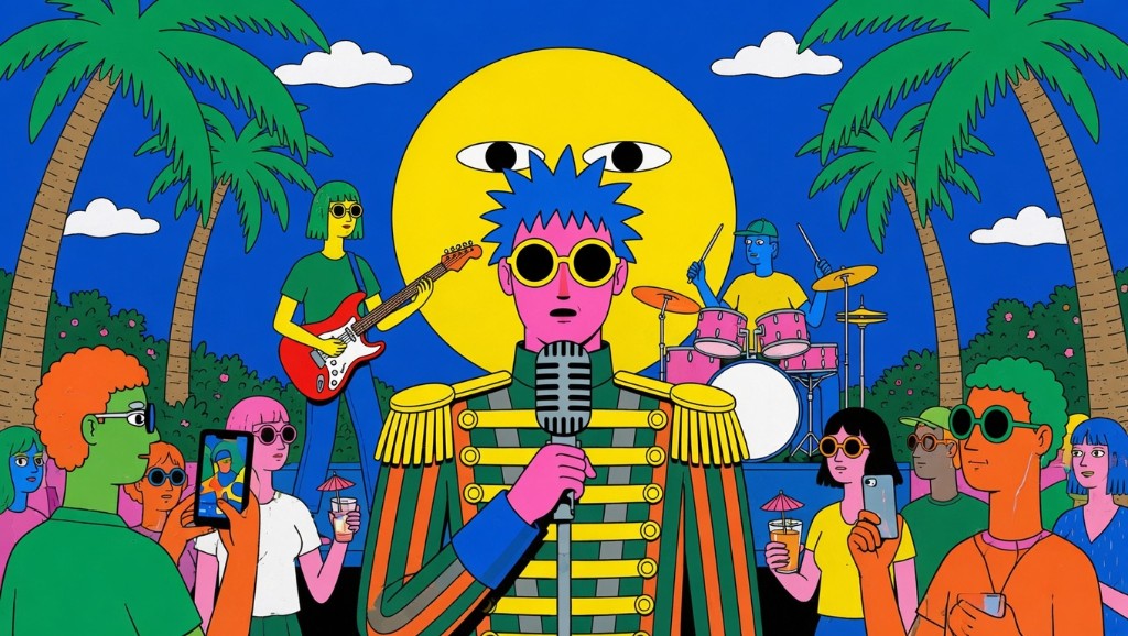 Ilustración pop art de una banda en concierto tropical: cantante con micrófono, guitarrista, batería y público grabando con móviles.